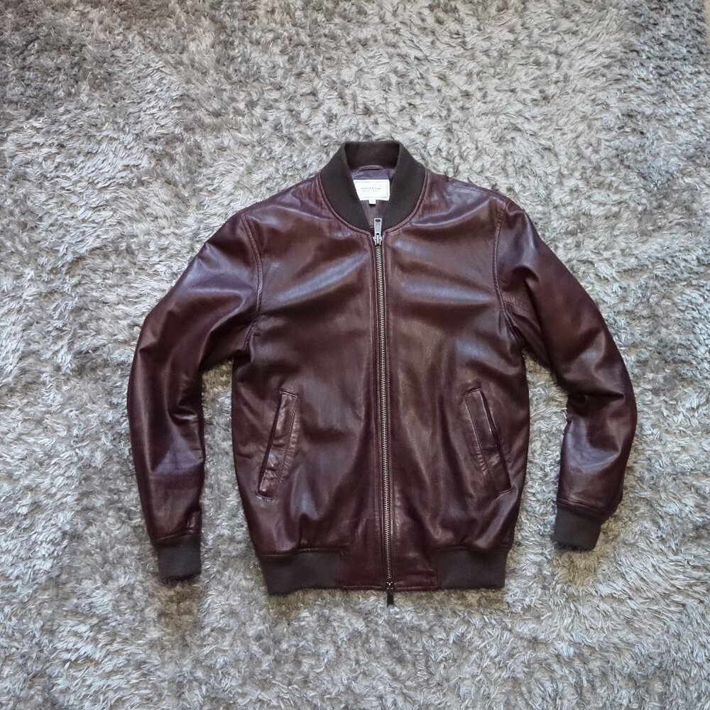 Frank And Oak Maroon Leather Bomber Jacket Men’s Ribbed Trim Minimalist